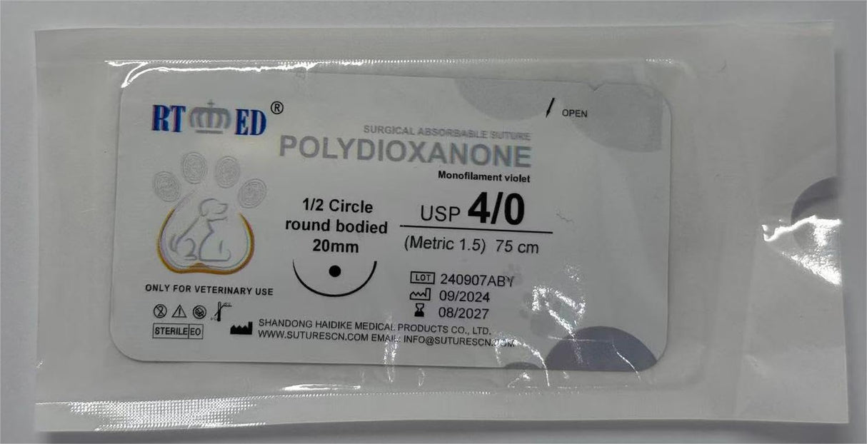 Tierärztliches resorbierbares Nahtmaterial – Polydioxanon (PDO), USP 4/0, 75 cm, 1/2 Kreis Rundkörper 20 mm