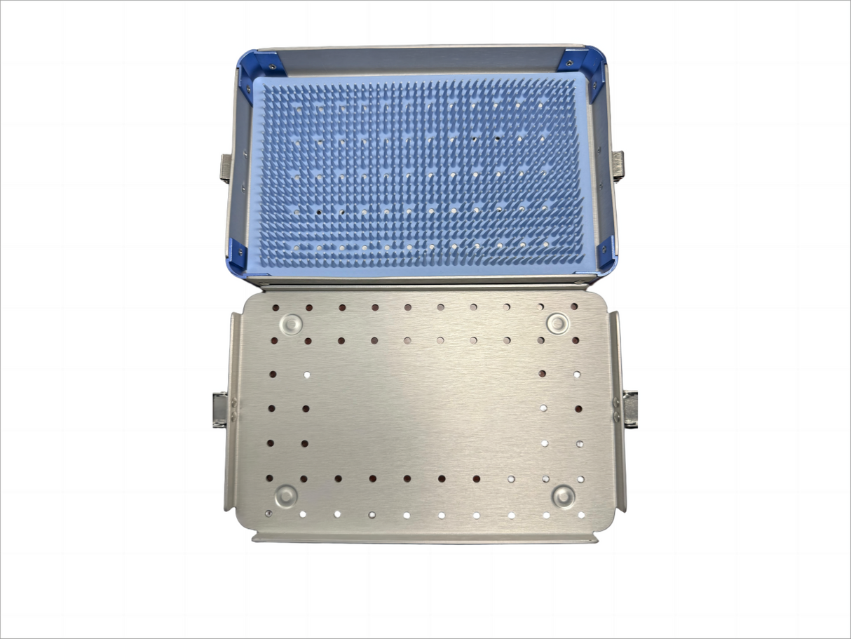 Sterilizing Tray with Locking Latches & Perforated Lid – 22.5 × 14.5 × 3 cm (8.9 × 5.7 × 1.2 in), Aluminum Alloy with Silicone Pin Mat – Autoclave Compatible, Reusable