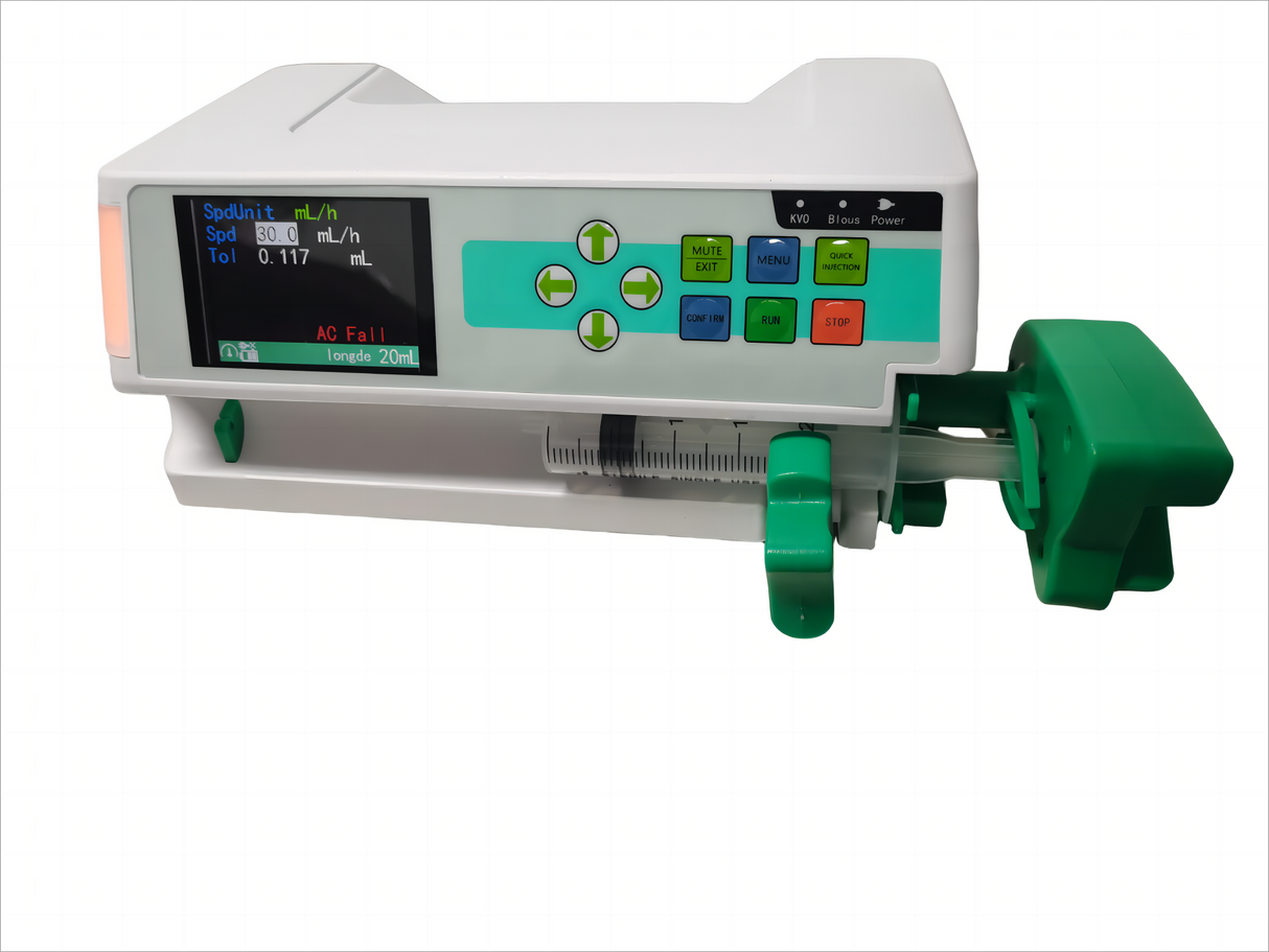 Veterinär-Spritzenpumpe – Programmierbare Rate (ml/h), Quick Bolus & KVO, Farbdisplay mit Tastatur, Smart Sensing & Multi-Alarm-Sicherheit – Wiederverwendbar für Standardspritzen