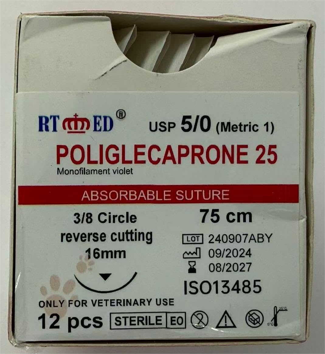 Veterinary Sutures – Poliglecaprone 25 (PGLA), USP 5/0, 75 cm – 3/8 Reverse-Cutting 16 mm Needle (Violet, Absorbable) – 12 Pack