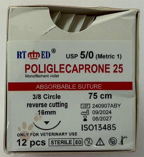 Veterinary Sutures – Poliglecaprone 25 (PGLA), USP 5/0, 75 cm – 3/8 Reverse-Cutting 16 mm Needle (Violet, Absorbable) – 12 Pack