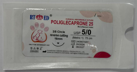 Veterinary Sutures – Poliglecaprone 25 (PGLA), USP 5/0, 75 cm – 3/8 Reverse-Cutting 16 mm Needle (Violet, Absorbable) – 12 Pack