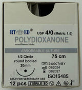 Tierärztliches resorbierbares Nahtmaterial – Polydioxanon (PDO), USP 4/0, 75 cm, 1/2 Kreis Rundkörper 20 mm
