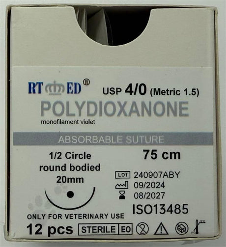 Veterinary Absorbable Suture – Polydioxanone (PDO), USP 4/0, 75 cm, 1/2 Circle Round-Bodied 20 mm
