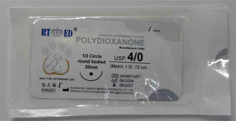 Veterinary Absorbable Suture – Polydioxanone (PDO), USP 4/0, 75 cm, 1/2 Circle Round-Bodied 20 mm